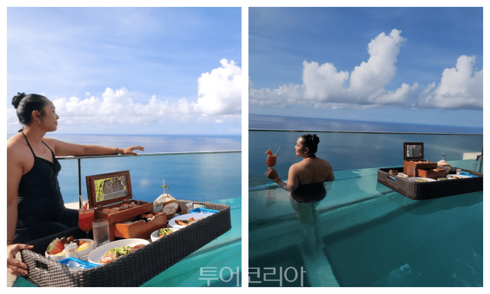 더엣지 인피니티풀에서 바다풍경 즐기며 플로팅조식을 즐길 수 있다. 