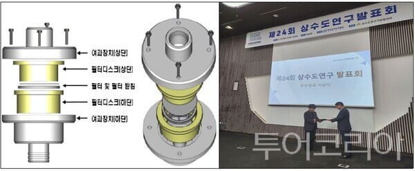 (좌)미세플라스틱 시료채취 장치(자체제작), (우)환경부 장관상 수상 모습