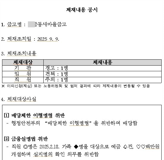 부산진구 한 새마을금고, 기관경고·임원 견책/사진출처=중앙회 홈페이지 캡처.