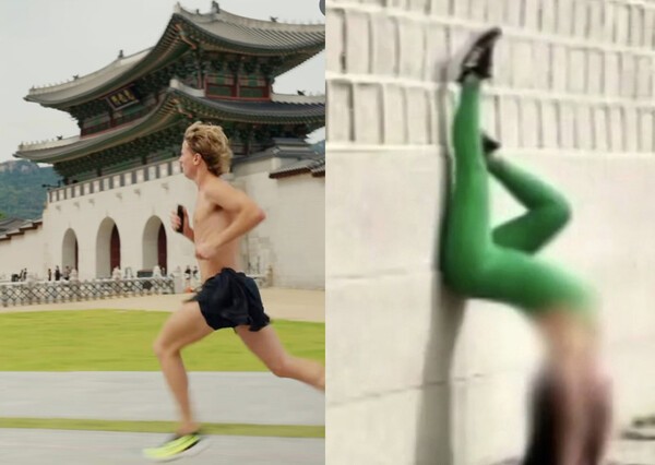 ▲광화문 앞 상의 탈의한 외국인이 러닝하는 모습(왼쪽), 경복궁 담에 기대어 요가를 한 베트남 여성(오른쪽). /사진-서경덕 성신여대 교수
